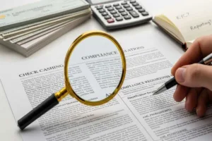 Lupa revisando documentos de cumplimiento para el cobro de cheques.
