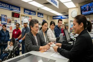 Personas que utilizan servicios de cobro de cheques en una tienda.