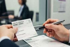 Person turning in a money order at bank counter