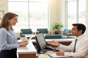 A woman receiving assistance with her Money Order transaction.