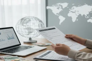 Person reviewing International Money Order beside laptop and world globe.