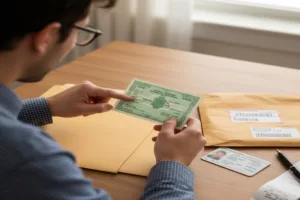 Person reviewing a Money Order beside envelope and identification card.