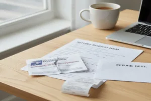 Torn Money Order beside refund request form on desk.