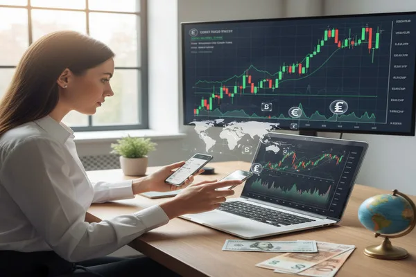 Woman analyzing currency charts on laptop before sending a Money Order.
