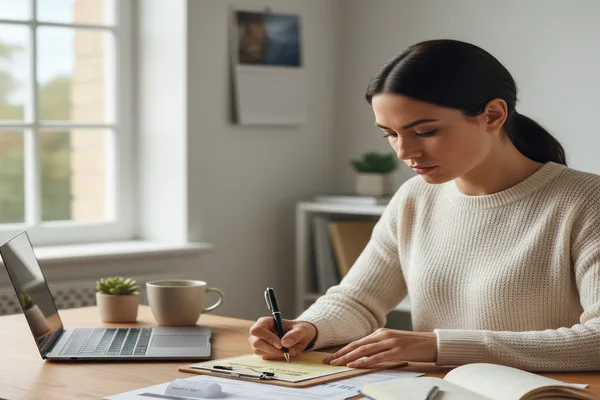 Mujer rellenando un giro postal en el escritorio de su casa.