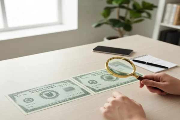  Manos inspeccionando los detalles de una orden de pago en un escritorio usando una lupa.
