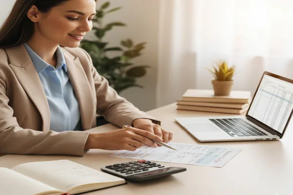 Mujer completando un formulario de orden de pago en el escritorio de su oficina.
