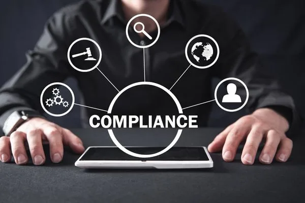 Compliance Concepts Displayed Above Tablet For Secure Money Transfer