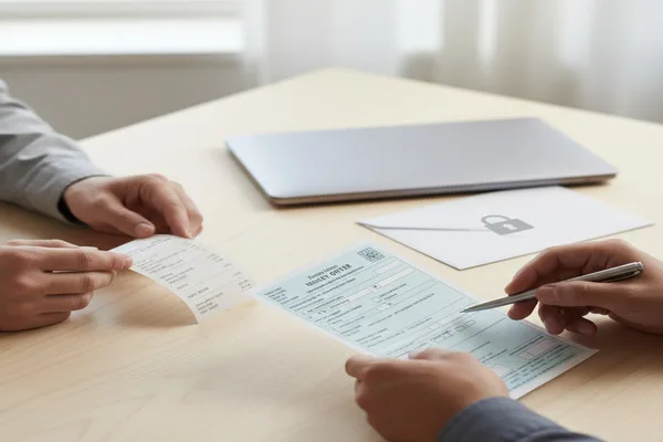 Two people reviewing a Money Order and payment receipt together.
