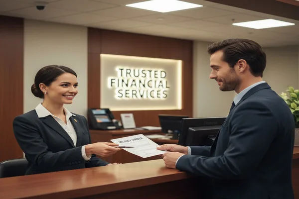 Customer receiving a Money Order at financial service counter.
