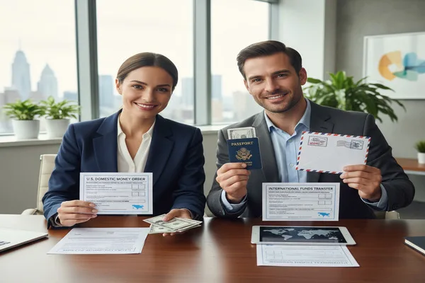 Man and woman holding Money Order forms and passports.