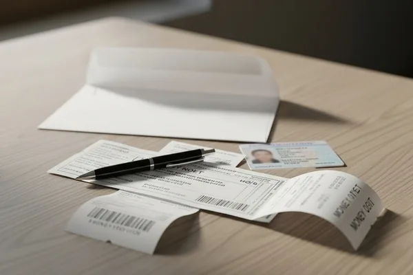 bolígrafo junto a una orden de pago completa y una tarjeta de identificación.
