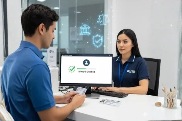 Cashier confirming customer identity during money order transaction