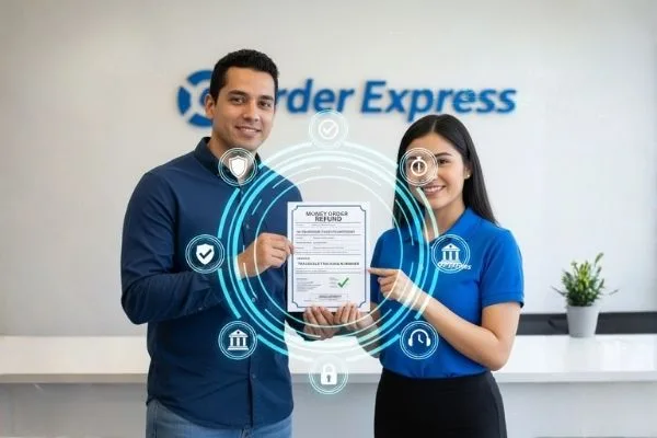 Customer handing a Money Order refund check to Order Express staff