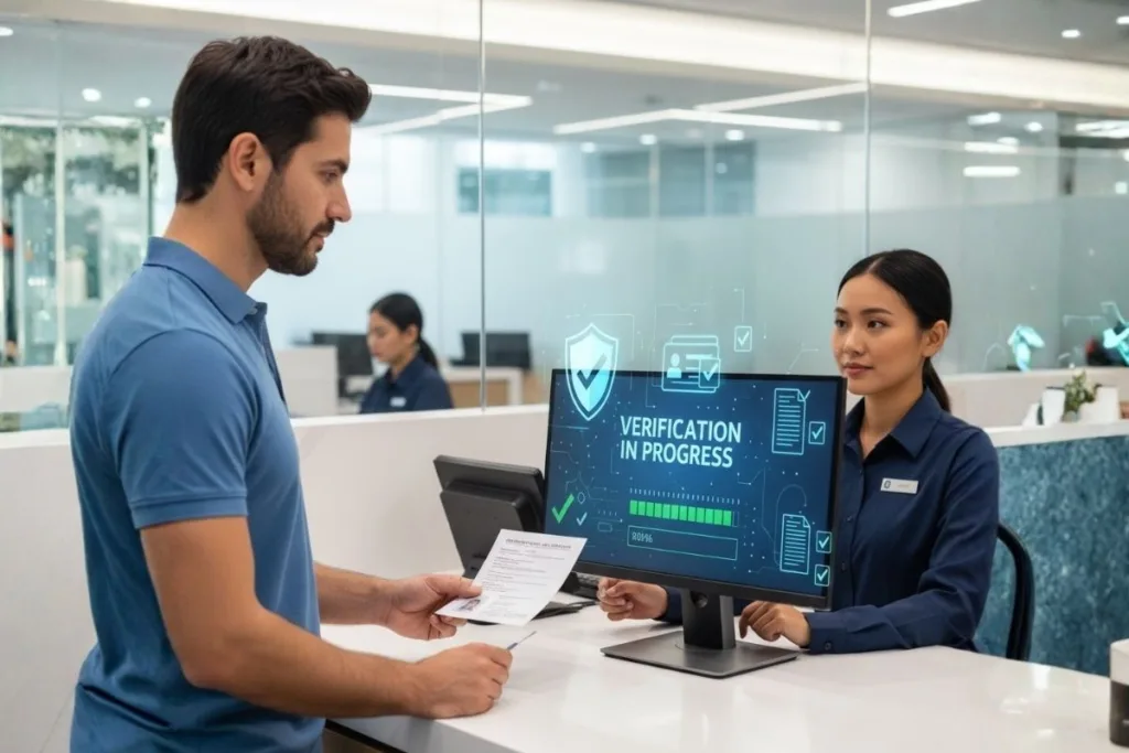 Cliente que verifica su identidad para una transacción segura de giro postal