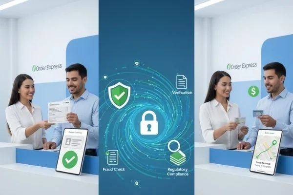 Customer verifying Money Order security at counter