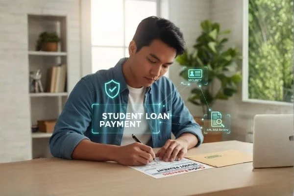 Filling out a money order for a student loan payment
