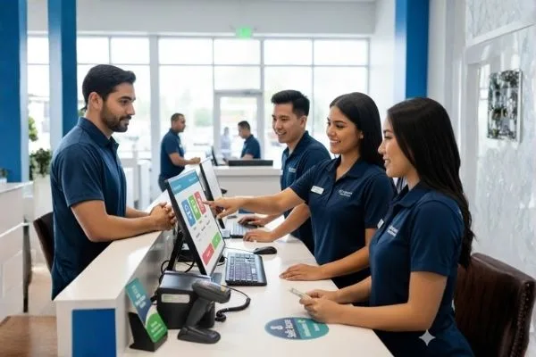 Friendly staff assisting customers with money order transactions 