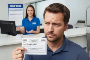 Hombre confundido sosteniendo un documento de giro postal mal escrito