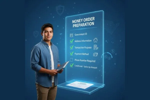 Hombre revisando la lista de verificación para la preparación de giros postales