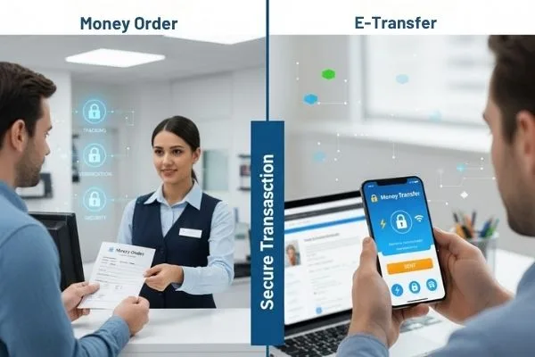 Staff assisting client with money order transaction 