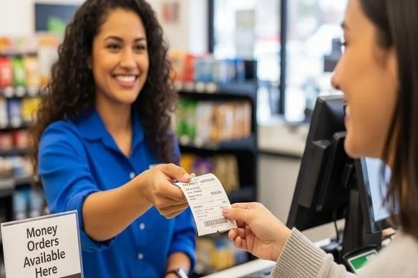 Cajero entrega al cliente el recibo del servicio de giro postal.
