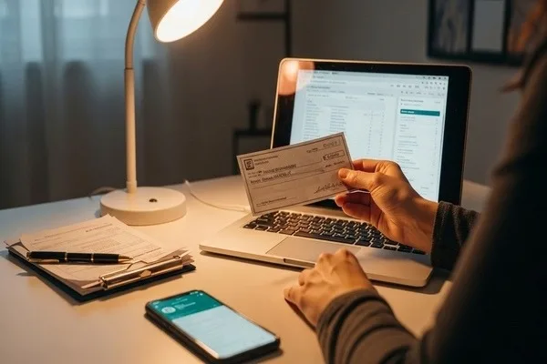 Person verifying check details before cashing it
