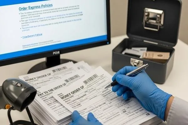 Personal que procesa giros postales según las políticas de Order Express

