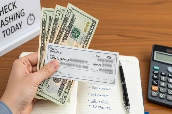 Persona sosteniendo el efectivo y el cheque durante el cobro. 
