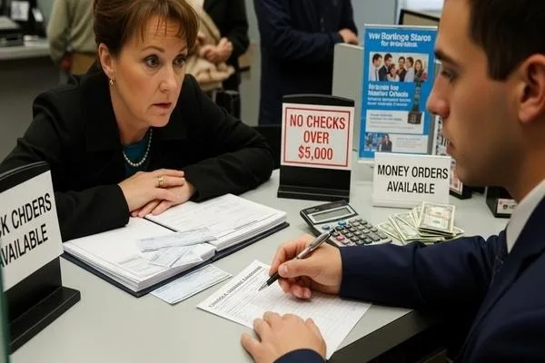 Cajero ayudando al cliente a resolver un problema con el cobro de cheques. 
