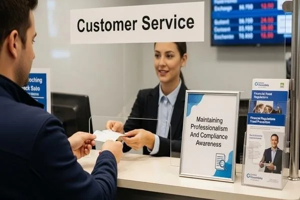 Agente de servicio al cliente asegurándose de que el proceso de cobro de cheques cumpla con las normas de profesionalismo.
