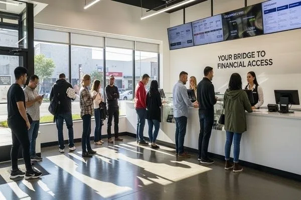 People waiting in line at modern check cashing center