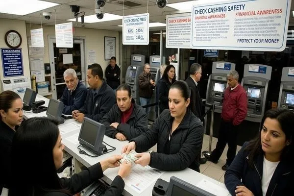 Clientes utilizando servicios de cobro de cheques con carteles de concientización financiera. 