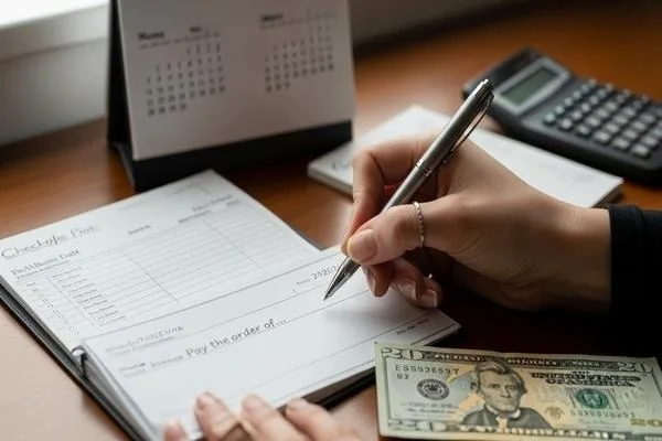 Persona escribiendo un cheque con efectivo cerca. 
