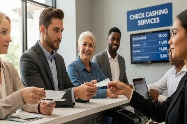 Personas utilizando servicios de cobro de cheques en la ventanilla de un banco. 
