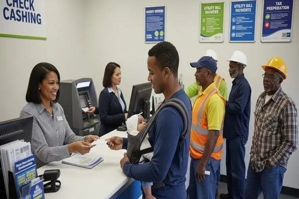 Trabajadores que utilizan servicios de cobro de cheques para cubrir sus necesidades financieras. 
