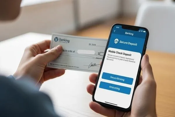 Cliente usando una aplicación móvil para cobrar un cheque de forma segura.