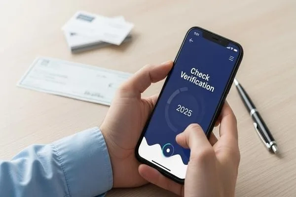 Persona usando una aplicación móvil para verificar un cheque (2025).