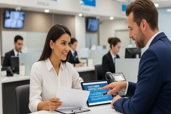 Employee assisting customer with secure check cashing protection