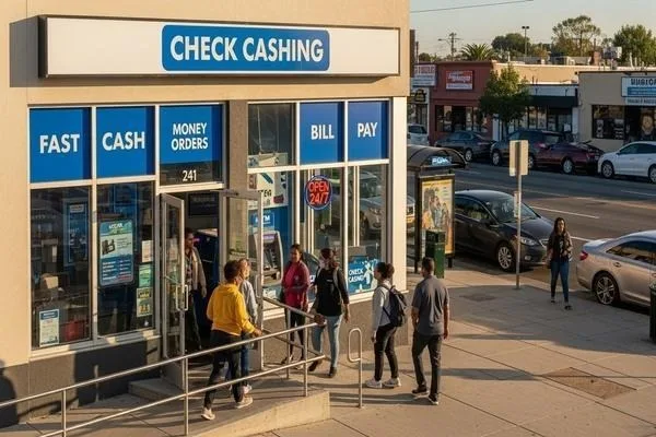 Clientes que visitan un local de cobro de cheques conveniente y accesible.