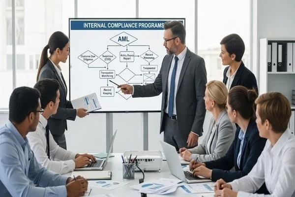 Team discussing AML internal compliance programs for MSBs