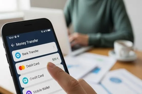 Person selecting best money transfer method on phone