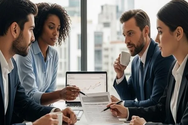 Equipo comercial que revisa la lista de verificación de cumplimiento para transacciones fluidas