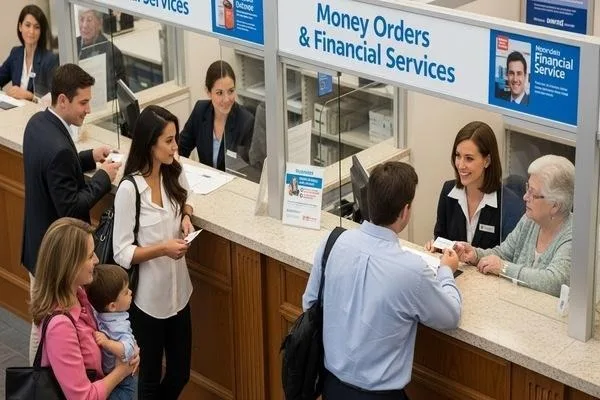 Clientes usando giros postales y mostrador de servicios financieros