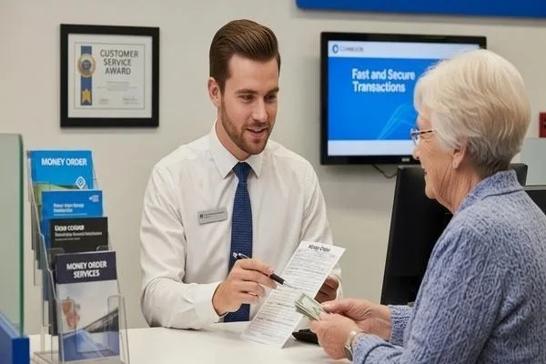 Empleado ayudando a un cliente con servicios de cumplimiento de giros postales