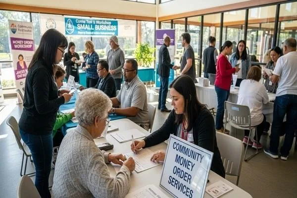 Evento comunitario que ofrece servicios de pago con giros postales