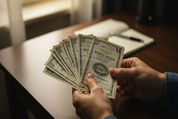  Person holding old money orders for refund
