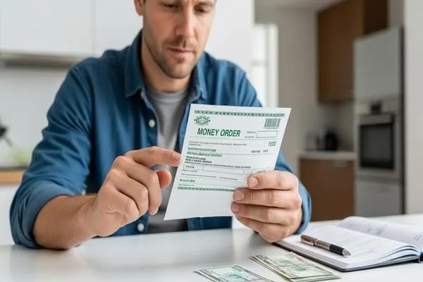 Man reviewing money order details at home