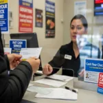 Cliente cobrando un cheque en una ventanilla autorizada.