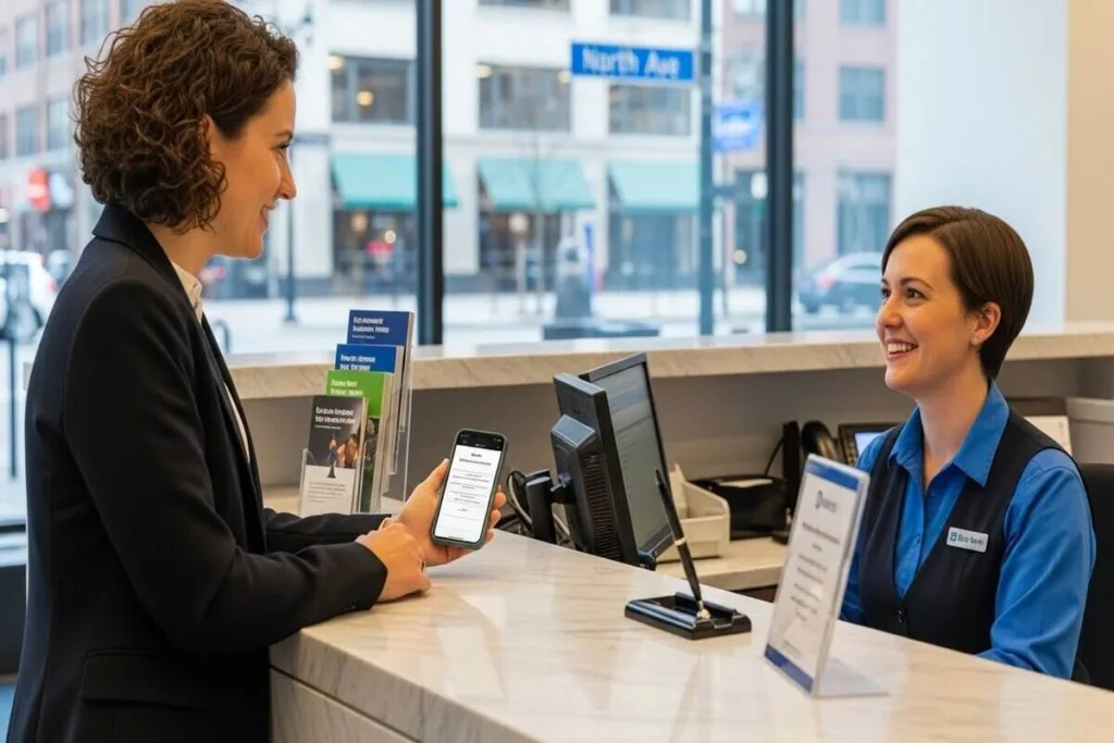 Cliente verificando una transferencia de dinero en Chicago North Ave